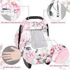 Pea Pod Car Seat Cover for Baby Girls, Floral Infant Car Seat Canopy Cover for Newborn, with 2 Layers Windows of Breathable Mesh/Fabric, 3D Minky Dot Backing, Ultra Soft & Comfortable