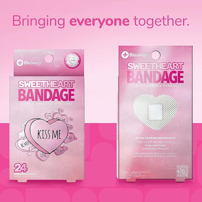 BioSwiss Bandages, Valentine Valentine Heart Shaped Self Adhesive Bandage, Latex Free Sterile Wound Care, Fun First Aid Kit Supplies for Kids, 24 Count