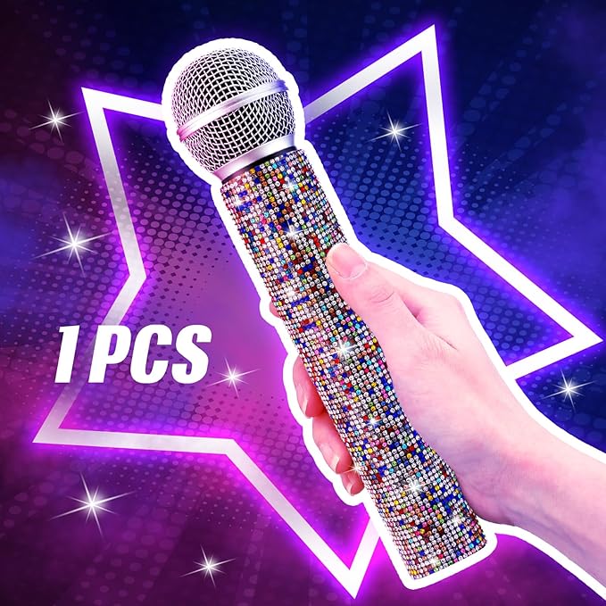 Sanwuta Fake Microphone Prop Sparkly Bling Rhinestones Plastic Play Microphone Pretend Glitter Bedazzled Mic for Cosplay Party Costume(Colorful)