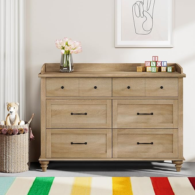 WAMPAT Kids Dresser for Bedroom with 6 Drawers, Oak Baby Dresser with Wide Chest of Drawers, Farmhouse Kids Closet Storage Organizer, Wood Dressers for Living Room, Nursery, Hallway