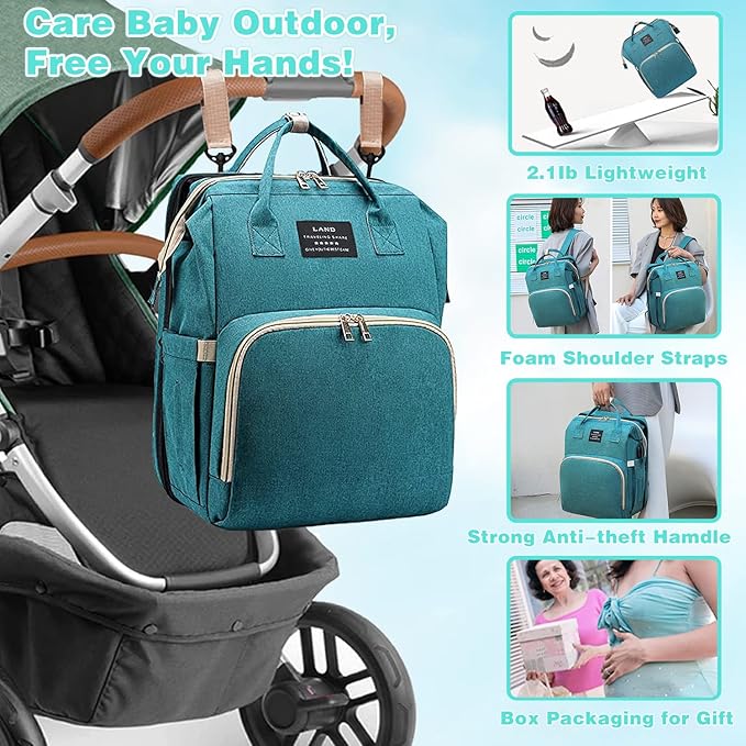 Diaper Bag with Changing Station,Diaper Bag Backpack，7 in 1 Travel Baby Diaper Bag,Mommy Bag With USB Charging Port (Green)