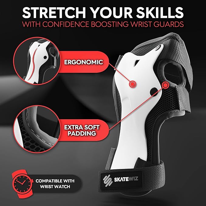 SKATEWIZ Skateboard Pads Protective Gear Set for Kids - Smash - Roller Skate Pads [6pc] - Elbow Pads Roller Derby and Knee Pads Kids Skating with Wrist Guards for Kids and Adults