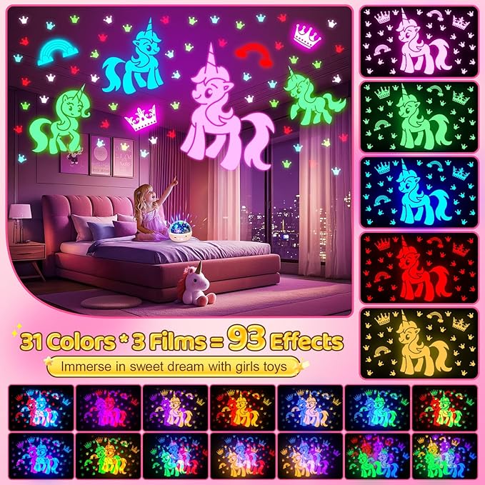 Unicorn Night Light for Girls, Unicorn Room Decor for Girls Bedroom, Star Projector, Remote+Dimmable Little Mermaid Toys, 360° Silent Rotation, Princess Night Light