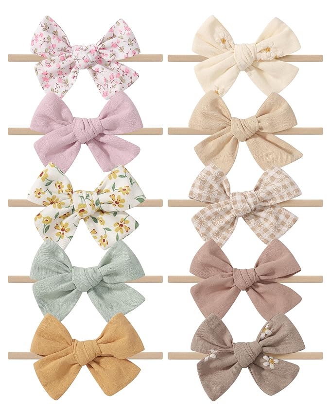 doboi 10PCS Baby Girls Headbands Hair Bows Nylon Cotton Linen Hairbands Fine Handmade Hair Accessories for Newborn Infant Toddlers Little Girls-Embroidered Flower