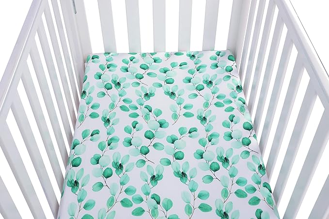 Onacosht Pack n Play Sheets 2 Pack for Baby Unisex, Stretchy Jersey Knitted Portable Mini Crib Sheets Playard Mattress Cover for Baby Boys and Girls, Watercolor Green Botanical Leaf