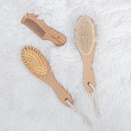 Natural Baby Brush Set - Wooden Brushes and Comb With Boho Travel Bag for Girl or Boy - Soft Goat Hair Brush for Cradle Cap, Bamboo Toddler Brush, Newborn Hairbrush for Scalp Grooming