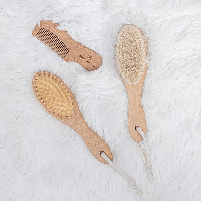 Natural Baby Brush Set - Wooden Brushes and Comb With Boho Travel Bag for Girl or Boy - Soft Goat Hair Brush for Cradle Cap, Bamboo Toddler Brush, Newborn Hairbrush for Scalp Grooming