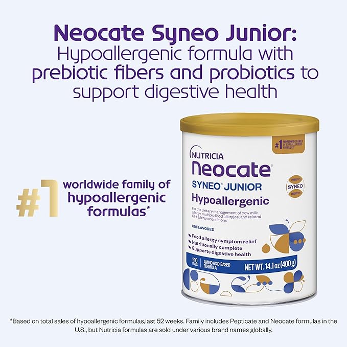 Nutricia Neocate Syneo Junior - Hypoallergenic, Dairy-free, Amino Acid-Based Formula for 1+ Years - For Toddlers, Kids & Teens - Powdered Formula - Syneo Junior - 14.1 oz can (Case of 1)