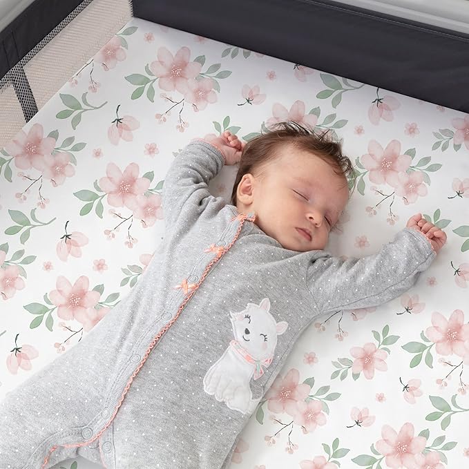 Pack n Play Stretchy Fitted Playard Sheet Set BROLEX 2 Pack Portable Mini Crib Sheets,Convertible Playard Mattress Cover,Ultra Soft Material,Pink Blossom