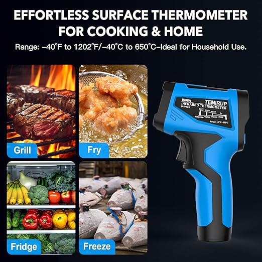 Infrared Thermometer Temperature Gun - TEMIRUP Non-Contact Digital Laser Thermometer Temp Gun with Thermocouple Probe for Industrial, Cooking, Griddle, Engine, HVAC, Adjustable Emissivity,-40℉~1202℉