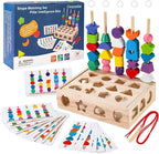 3 in 1 Montessori Wooden Beads Sequencing Toy Set - Color Sorting Stacking Geometric Shape Matching Game Beads Sequencing Toy Lacing Beads Stem Fine Motor Skills for Toddlers