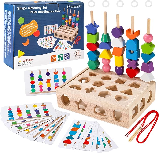 3 in 1 Montessori Wooden Beads Sequencing Toy Set - Color Sorting Stacking Geometric Shape Matching Game Beads Sequencing Toy Lacing Beads Stem Fine Motor Skills for Toddlers