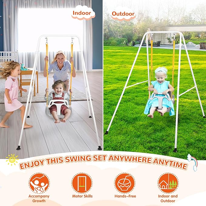 4-in-1 Swing Set & Baby Jumper and Bouncer for Toddler, Heavy Duty Baby Swing Set with Foldable Metal Stand for Indoor & Outdoor Play, Adjustable Swingset for Toddler (White)