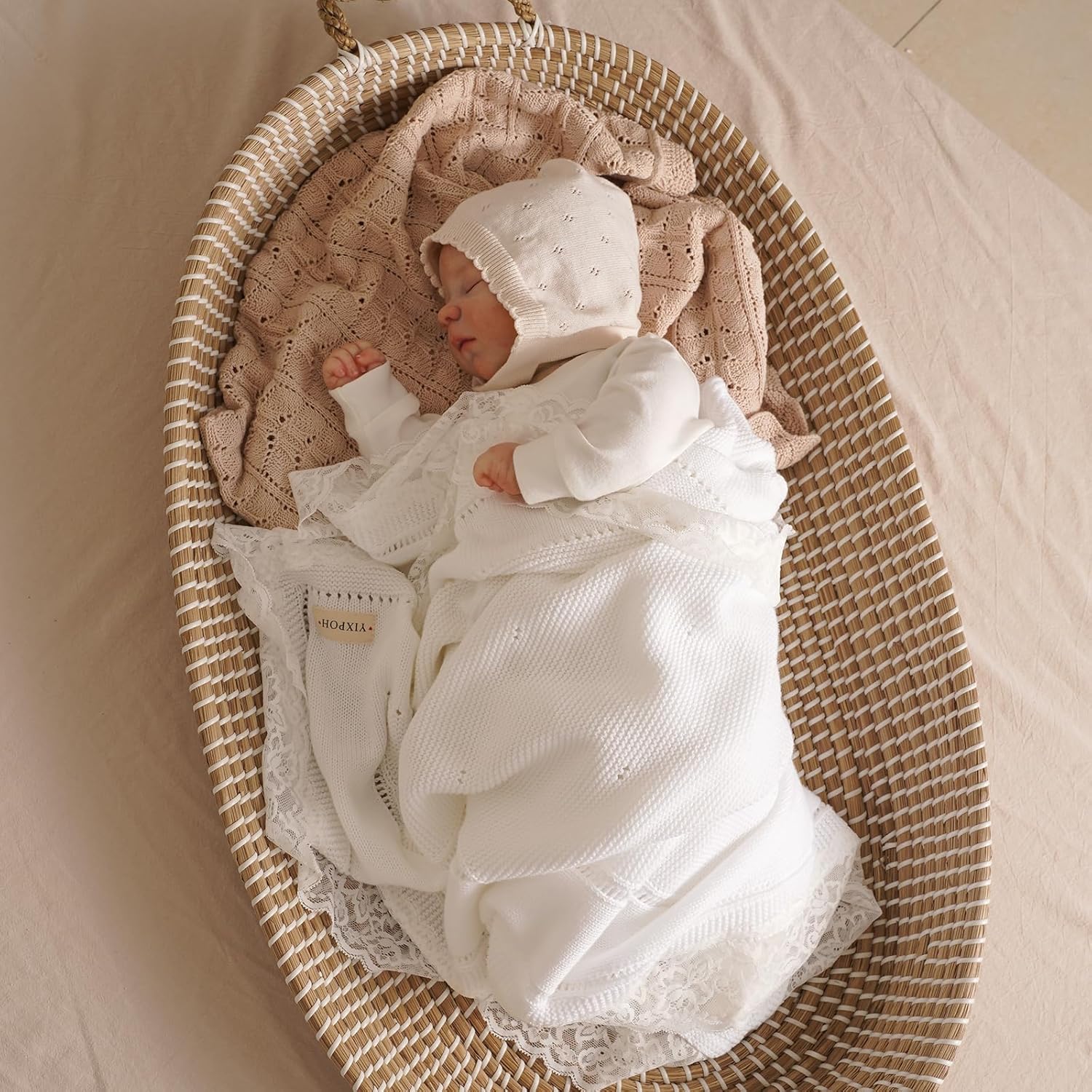 100% Organic Cotton Baby Blanket Knitted Softer Receiving Swaddle Warm Cozy Cuddle Crib Blanket for Newborns Infants Toddlers Boy and Girls White