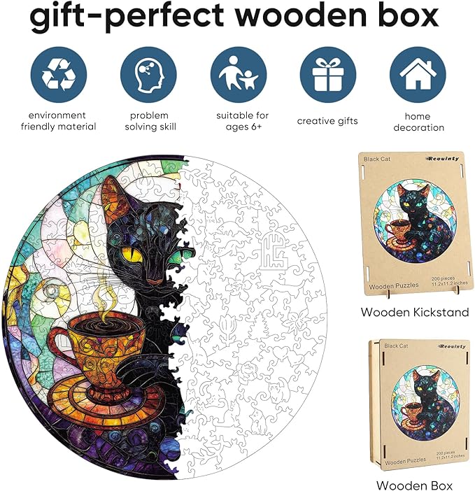 Wooden Puzzle for Adults, Black Cat Wooden Jigsaw Puzzles(16.5 * 16.5in-500pcs), Unique Animal Shape Wood Cut Puzzles Best Gift for Adults and Kids Family Game