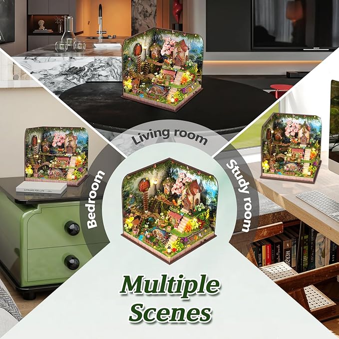 DIY Miniature House Kit, Forest Book Nook Kit with Music, 3D Wooden Puzzles for Adults, Dollhouse Kit with LED Light, Mini Building Kit, Craft Kit for Adults Teen to Build (Forest Garden)