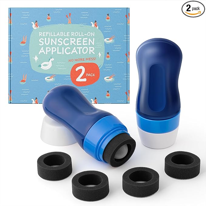 Sunscreen Applicator - 2 Pack, 6 fl oz - Refillable Sunscreen Roller & Replacement Sponge Heads - Roller Bottle Lotion Applicator for Easy Even Coverage for Kids & Adults