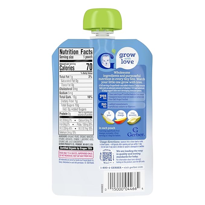 Gerber Stage 2 Baby Food, Organic Pear Mango Avocado, Baby Food Pouches, Puree, 12PK