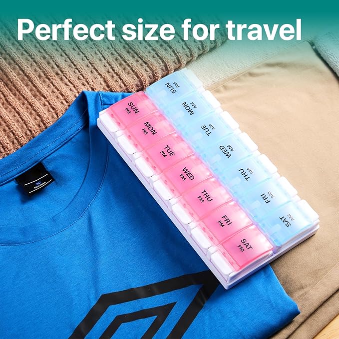 Sukuos Weekly Pill Organizer 7 Day 2 Times A Day, AM PM Medicine Pill Box with Easy Push Button, BPA Free Vitamin Cases for Fish Oil/Supplements, Easy to Clean (Red&Blue)