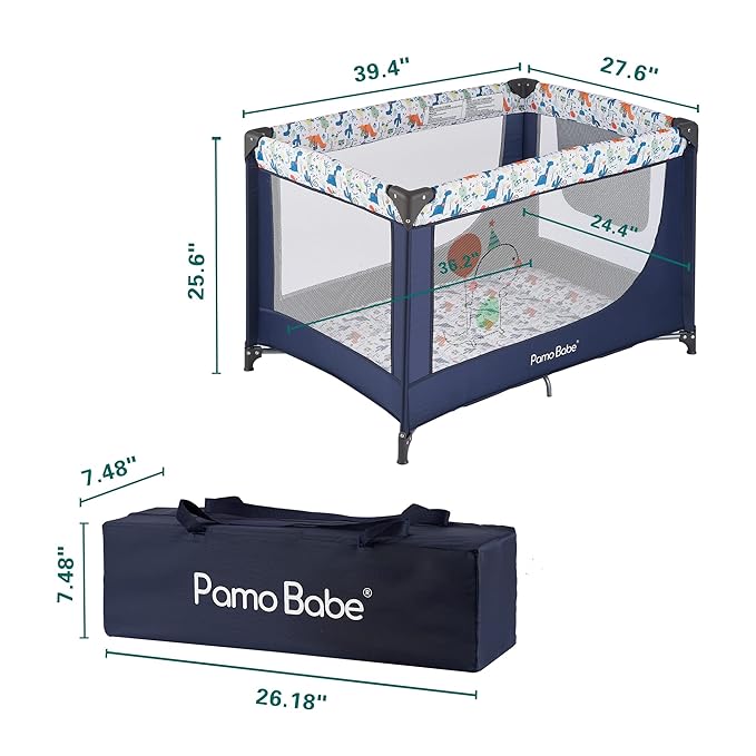 Pamo Babe Travel Foldable Portable Bassinet Baby Infant Comfortable Play Yard Crib Cot with Soft Mattress Breathable Mesh Walls, and Carry Bag Blue