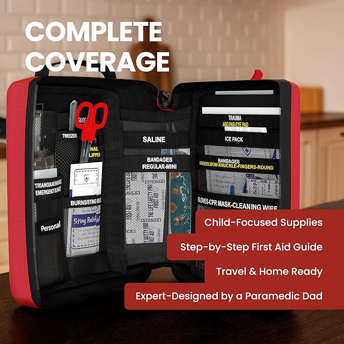 Portable First Aid Kit for Kids with CPR Shield - Ideal for Home, Car, School, Camping, and as a Travel First aid kit. Latex-Free Bandages – Children First Aid Guide by The Life Safety Pro