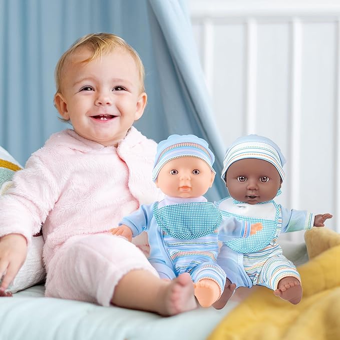 Toy Choi's Twin Baby Dolls - 12 inch Two Soft Body Black and White Doll with Accessoires, Dolls Play Set for 2 3 4 5 Year Old Boys and Girls Gift | Blue Outfit Doll Set