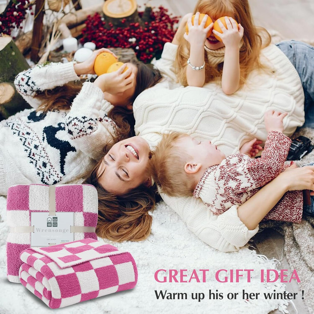 WRENSONGE Checkered Throw Blanket, Hot Pink Soft Cozy Fluffy Warm Hand Made Throw Blankets for Couch, Sofa, Chair, Bed, Camping, Picnic, Travel Lightweight Bed Blanket - 60"*80"