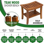 Teak Shower Bench 21 Inch, Fully Assembled Wood Bath Stool for Shower & Spa, The Hermod