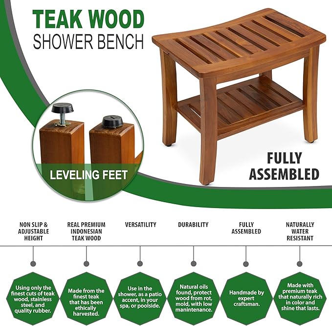 Teak Shower Bench 21 Inch, Fully Assembled Wood Bath Stool for Shower & Spa, The Hermod
