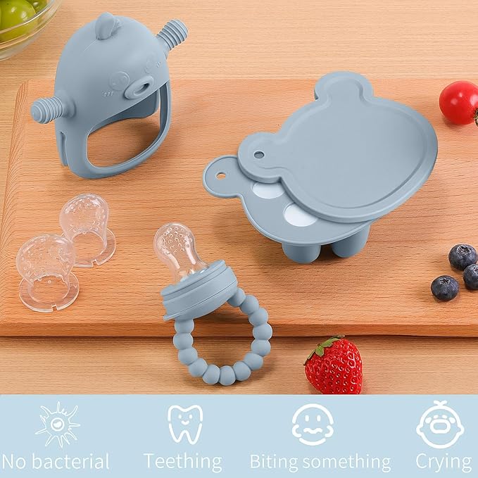 Baby Fruit Feeder & Breastmilk Popsicle Molds – 3-Pack Set with Freezer Tray, Teether Toy, Silicone Pacifier, and 3 Extra Mesh Sizes – (Sky Blue)