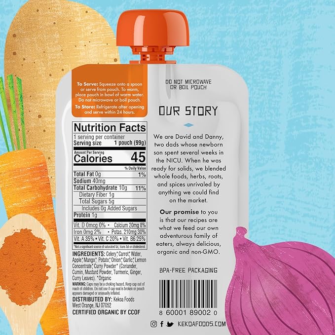 Kekoa Foods Curry Vegetable Mango Baby Food Purée | 100% USDA Certified-Organic, No Sugar Added | Organic, Non-GMO, Gluten-Free, Vegan | Mild Curry with Celery, Carrot & Potato | 3.5 oz Squeeze Pouch