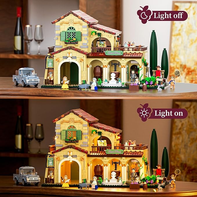 Farm Vineyard-Estate Lighting Building-Bricks-Set - 2800 Pcs Winery Chateau House Collection LED Light Wine Cottage Model Display Set for Adults and Farm Series Building Collectors