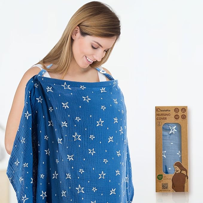 Nursing Cover 100% Cotton Breastfeeding Cover Privacy Muslin Large Full Coverage Baby Nursing Scarf with Gift Box (Blue Starry Sky)
