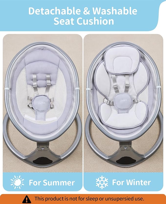 LAREX Baby Swing to Toddler Electric Infant Swing Portable for Newborn Boy Girl, 5 Sway Speeds with Remote Control, 12 Preset Melodies and Bluetooth, 0-6 Months Max 20 Lbs (2024 Model-Sliver)