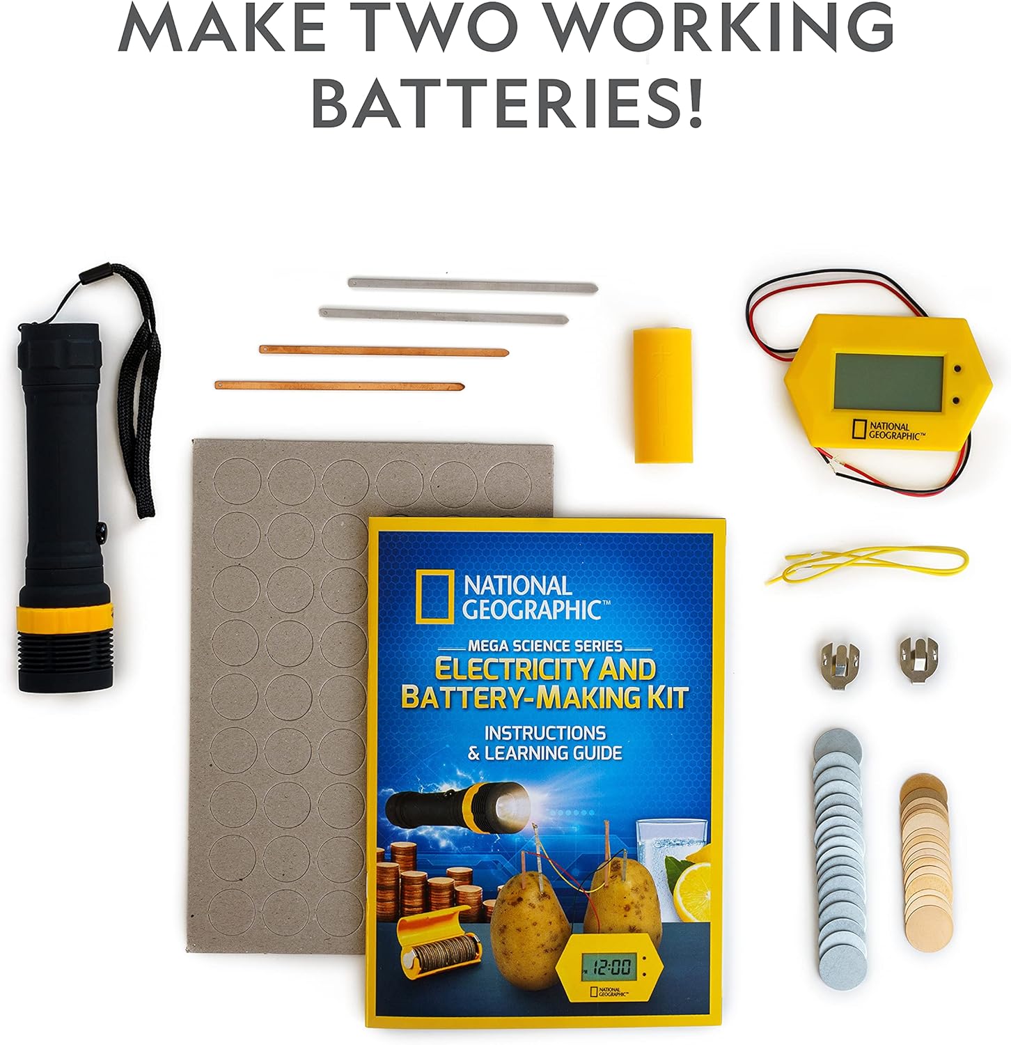 National Geographic Battery Making Kit - Potato Clock and Penny Powered Flashlight Science Kit, 2 Electricity STEM Projects for Kids, Electrical Circuit Toy for Boys and Girls (Amazon Exclusive)