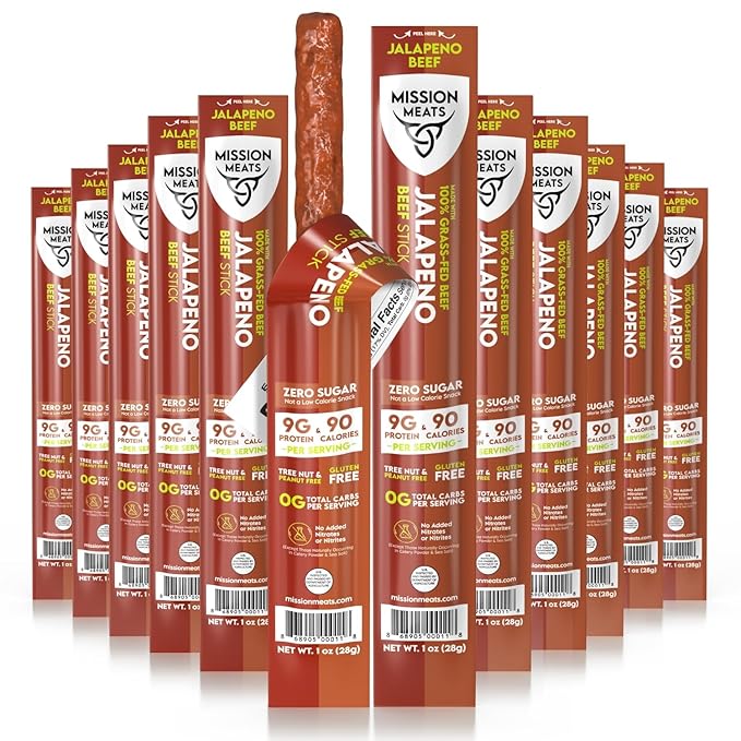 Mission Meats Beef Sticks – 100% Grass Fed & Pasture Raised, Sugar Free, Individually Wrapped Healthy Snacks, Whole 30 & Paleo Friendly, Jalapeno 1oz (Pack of 24)