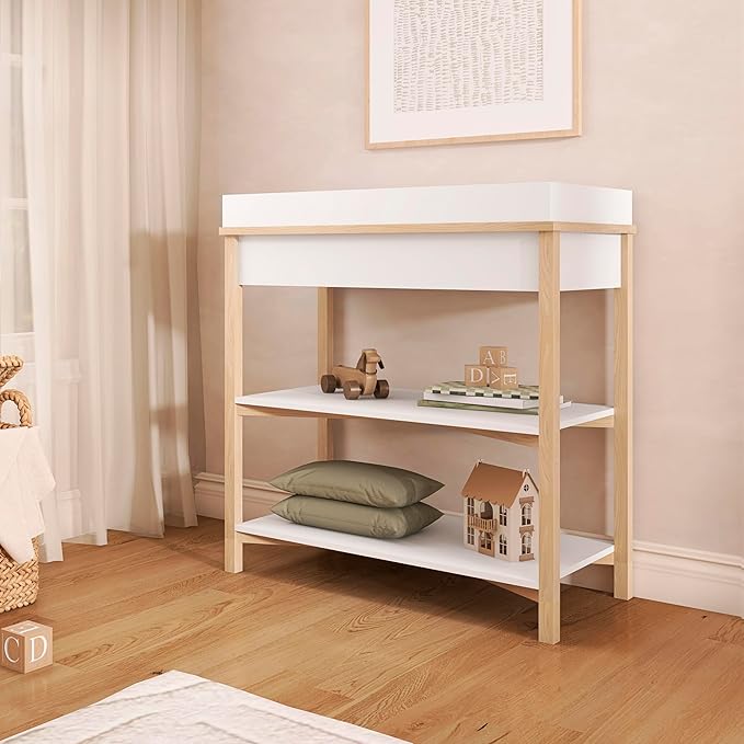 Dream On Me Owen Baby Changing Table, Removable Changing Tray, Spacious Top Storage Drawer, Two Open Shelves, Safety Brackets, JPMA Certified Modern Nursery Furniture – Vintage White Oak
