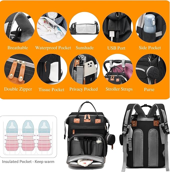 Diaper Bag Backpack – Large Waterproof Baby Bag with USB Charging Port, Changing Pad & Stroller Straps – Stylish, Durable & Hands-Free Travel Organizer for Moms & Dads (Black)