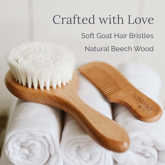 Natemia Wooden Baby Hair Brush | Natural Soft Bristles for Newborns & Toddlers | Gentle Cradle Cap Care | Ideal Baby Registry Gift