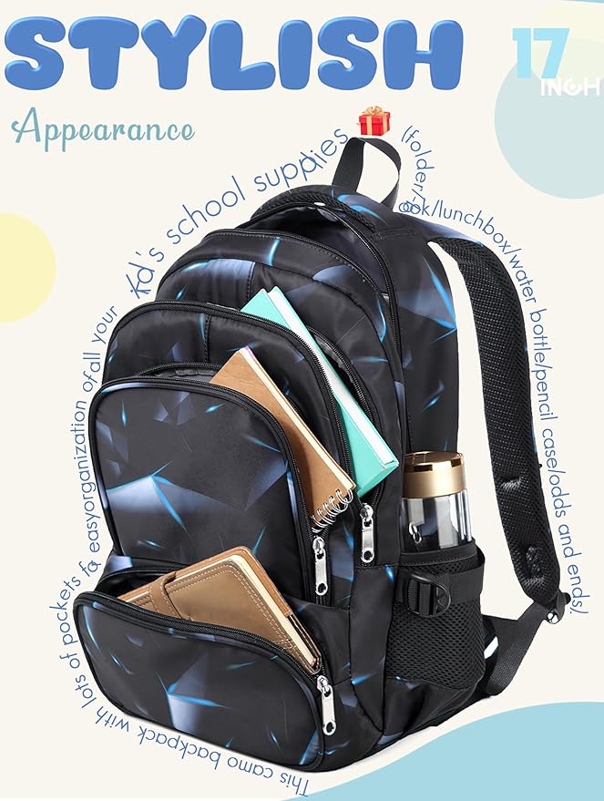 BLUEFAIRY Kids Backpack for Boys Elementary Primary Middle School Bags for Childs Book Bags Bookbags Lightweight Padded Straps Back to School Mochilas para Niños 17" Black/Blue