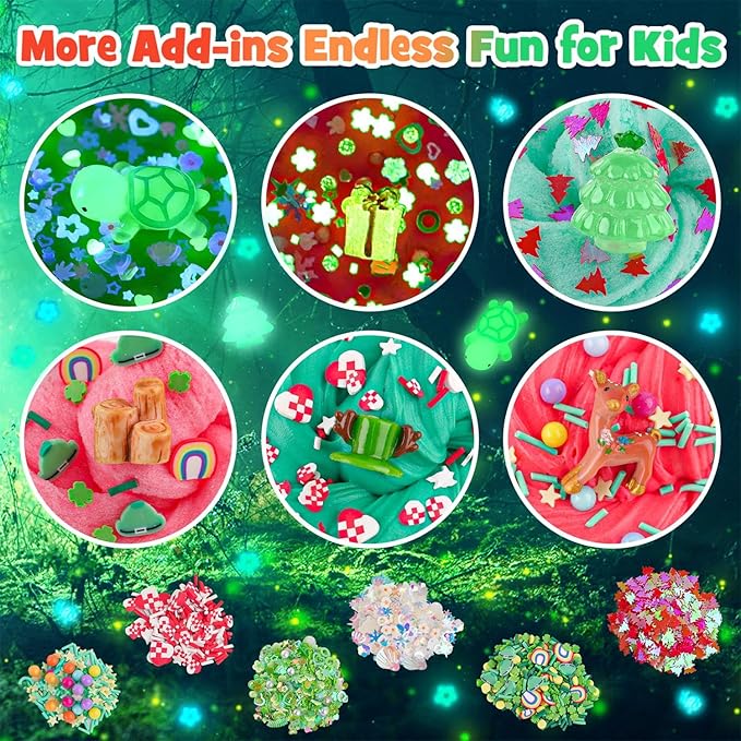 LAWOHO 6 Packs Red & Green Slime for Kids- Clear, Butter, Cloud Slime Making Kit with Glow in The Dark Add-ins & Charms, Slimes Kit for Boys & Girls Party Favors, Birthday Halloween Christmas Easter