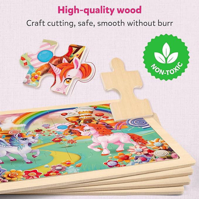 SYNARRY Large Unicorn Princess Fairy Wooden Puzzles for Girls Gift Box(12.2*9.4 in) - FSC Certified, 24 Pcs Puzzles for Kids Ages 4-6, Puzzles for Toddlers 3-5, Unicorn Toys Gifts for 3 4 5 Year Old