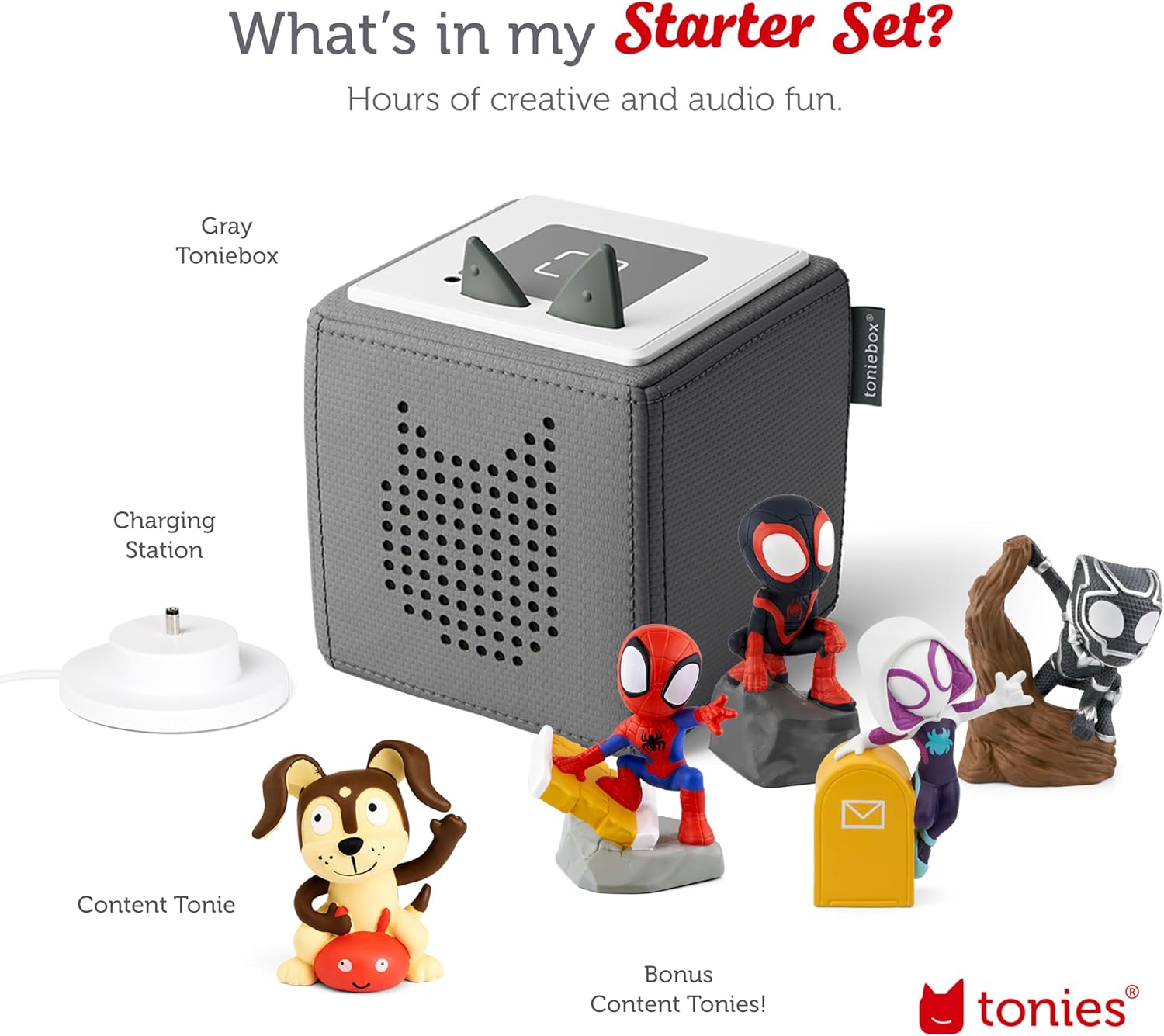 Toniebox Audio Player Starter Set with Spidey, Ghost-Spider, Spin, Black Panther, and Playtime Puppy - Listen, Learn, and Play with One Huggable Little Box - Gray