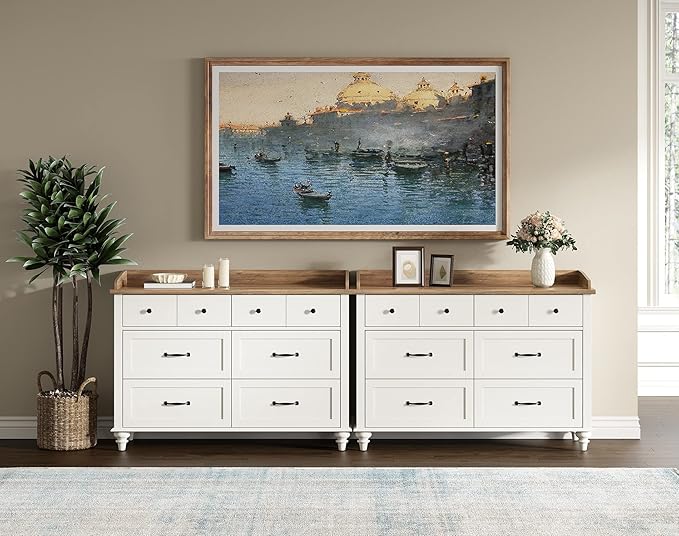 WAMPAT Dresser for Bedroom with 12 Drawers, White Baby Dressers with Wide Chest of Drawers, Mid Century Modern Wooden Kids Closet Storage Organizer, Large Dressers for Living Room, Nursery, Hallway