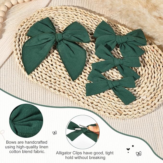 DEEKA 4 PCS Dark Green Cotton Linen Hair Bows 3 Styles 5" & 4" Handmade Hair Bow set for Toddler Girls Alligator Hair Clips Knot Bows Hair Accessories for Little School Girls (Dark Green)