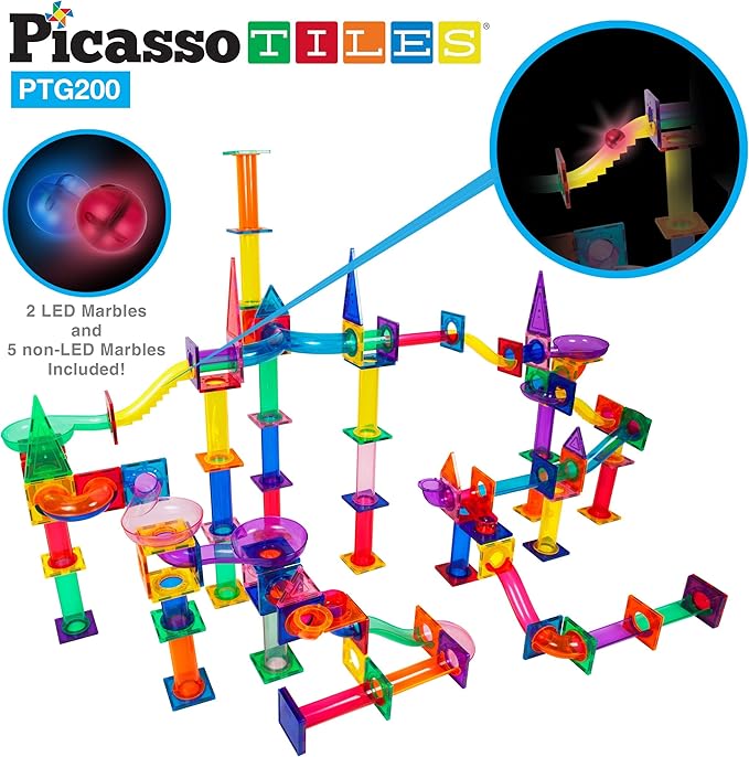 PicassoTiles 200pc Magnetic Marble Run Tiles Toy STEM Educational Race Track with Light Up Marbles Magnet Tile Building Blocks Maze Kit Sensory Pretend Play Toys for Toddlers Boys Girls Ages 3+ PTG200