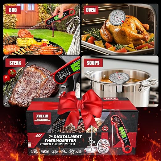 AWLKIM® 3 Pack Meat Thermometer for Cooking - 1 Pack Instant Read Digital Food Thermometer ＆ 2 Pack 2.5-in Extra-Large Dial Stainless Steel Kitchen Oven Meat Thermometers (Safe Leave in Oven)