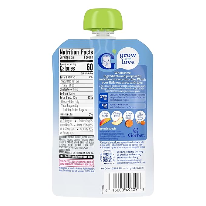 Gerber Stage 2 Baby Food, Organic Mango Peach Carrot Sweet Potato Oatmeal, Baby Puree, 12PK