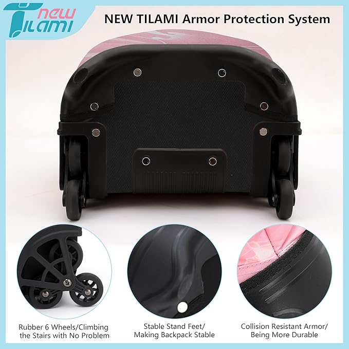 NEW TILAMI 18 inch Rolling Backpack for Girls – Waterproof, Large Capacity, Stair-Climbing Design, Adjustable Handle, Great for School, Pink Sunset