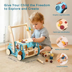 OESSUF 2-in-1 Wooden Baby Walker with 40 PCS Tool Toys – Baby Push Walker for 6-12 Months, Activity Center for Toddlers Aged 1-3 Years, Montessori Toy for Boys and Girls (Blue)